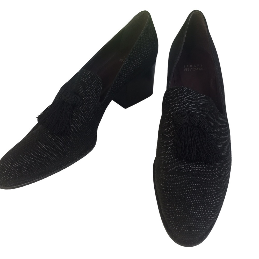 Stuart Weitzman textured tassel heel loafer size 10 Narrow 2.4” heel black